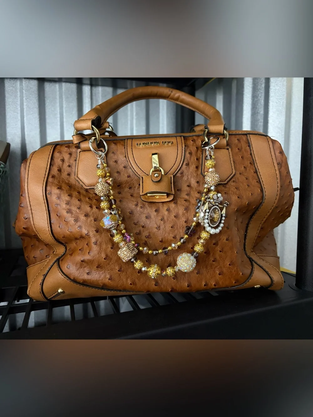 London Fog Cognac Ostrich-Texture Satchel with Gold Bead Charm